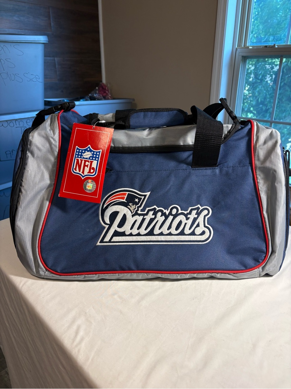 NFL Patriots Navy and Gray Duffel Bag with Red Trim